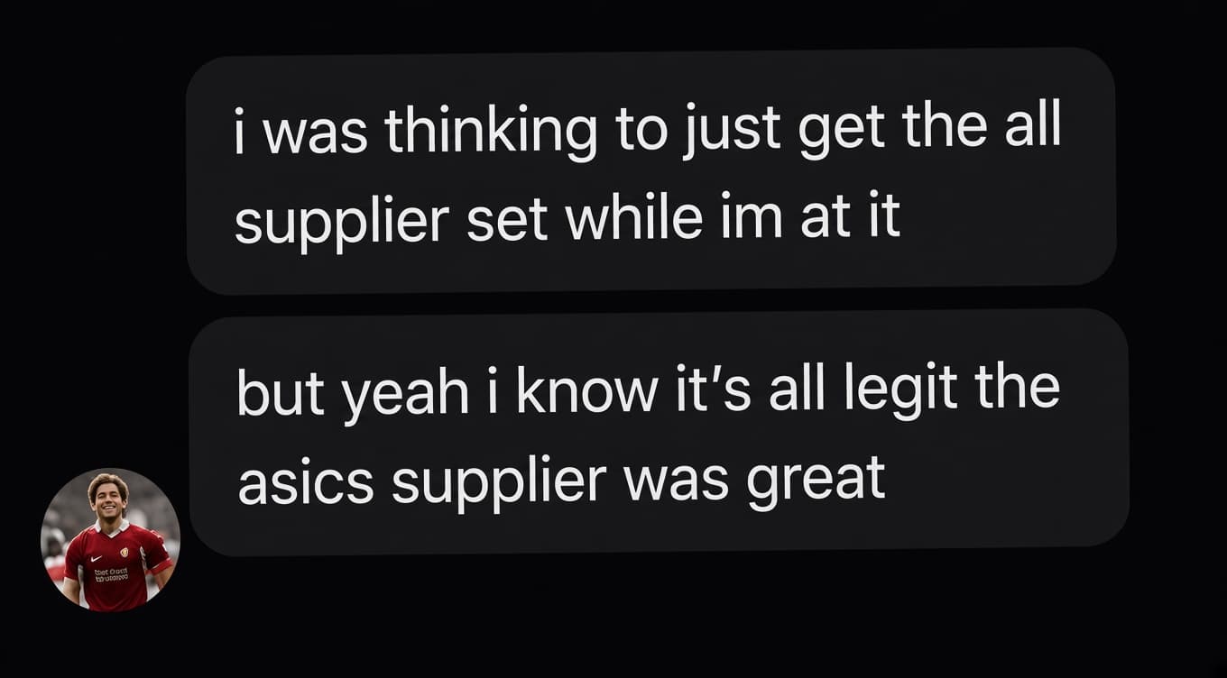 Instagram DM from a buyer confirming the Asics supplier and their full order set